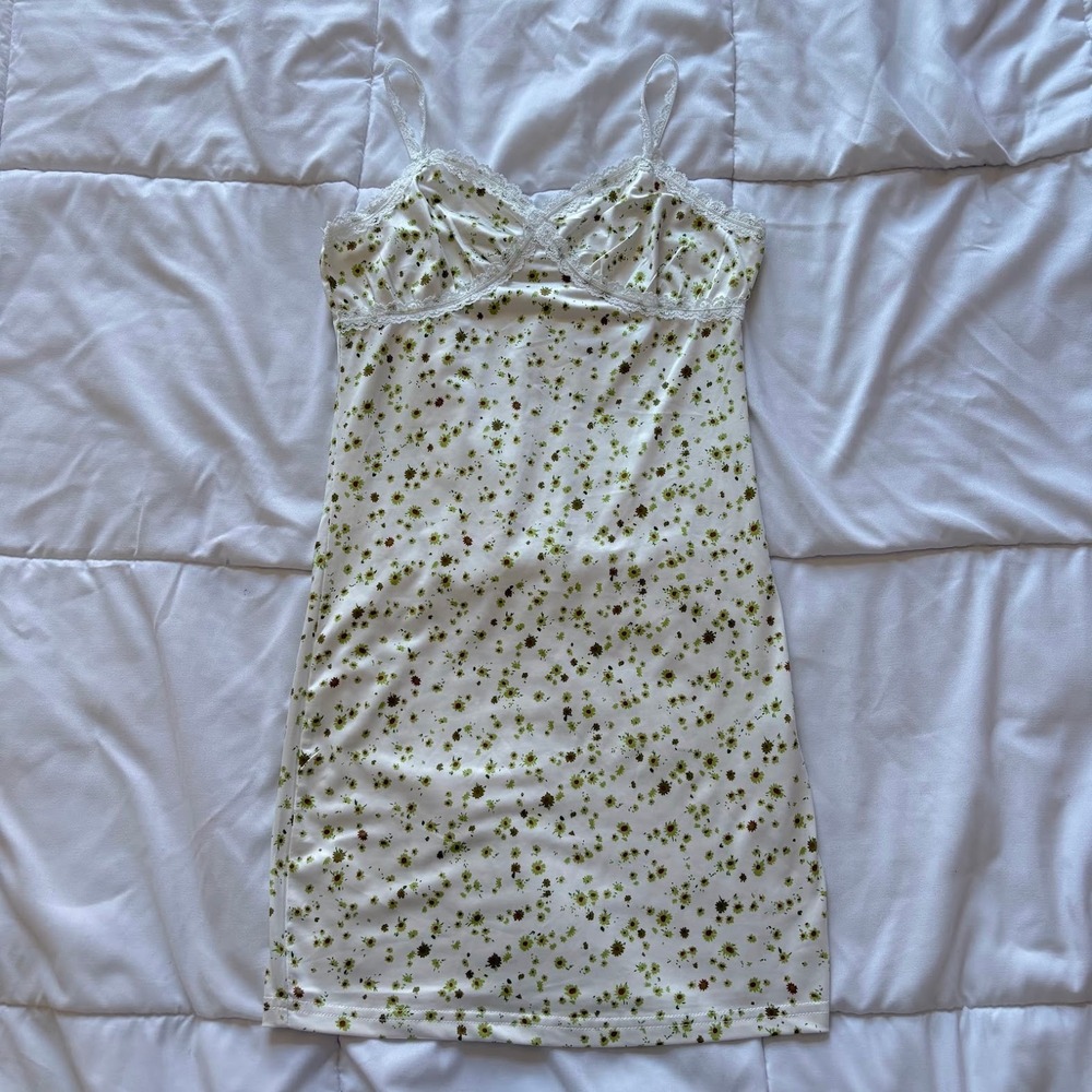 Womens Floral Lace Trim Cami Mini Slip Dress White Green Cottagecore Coquette